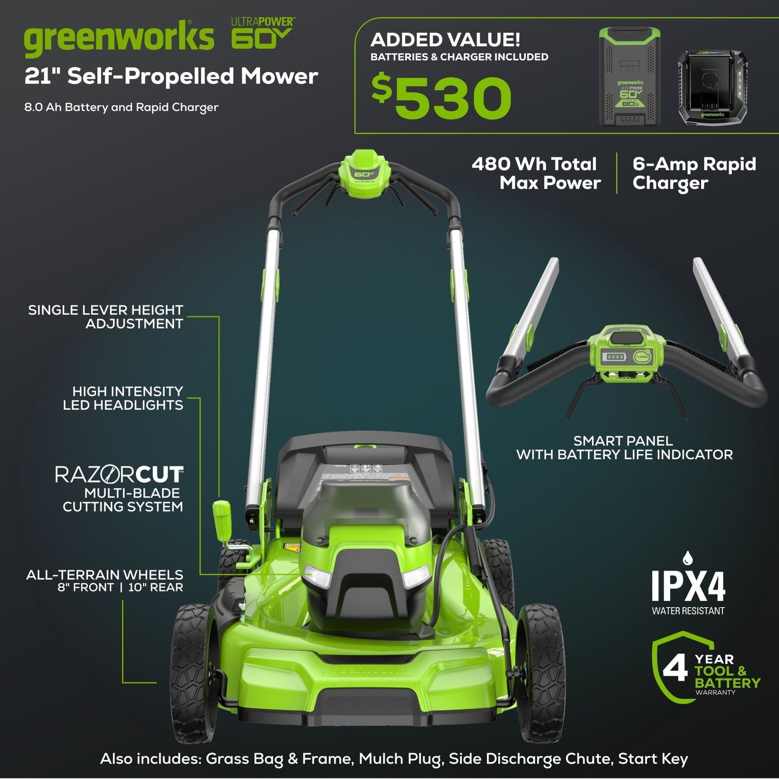Greenworks 60V 21″ Self Propelled Lawn Mower with (1) 8.0 Ah Battery & Rapid Charger 2546402 - Image 12