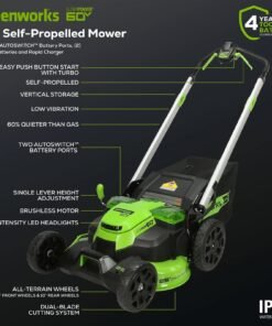 Greenworks 60V 25″ Cordless Brushless Self-Propelled Mower + Two (2) 4.0Ah Batteries & Dual Port Charger
