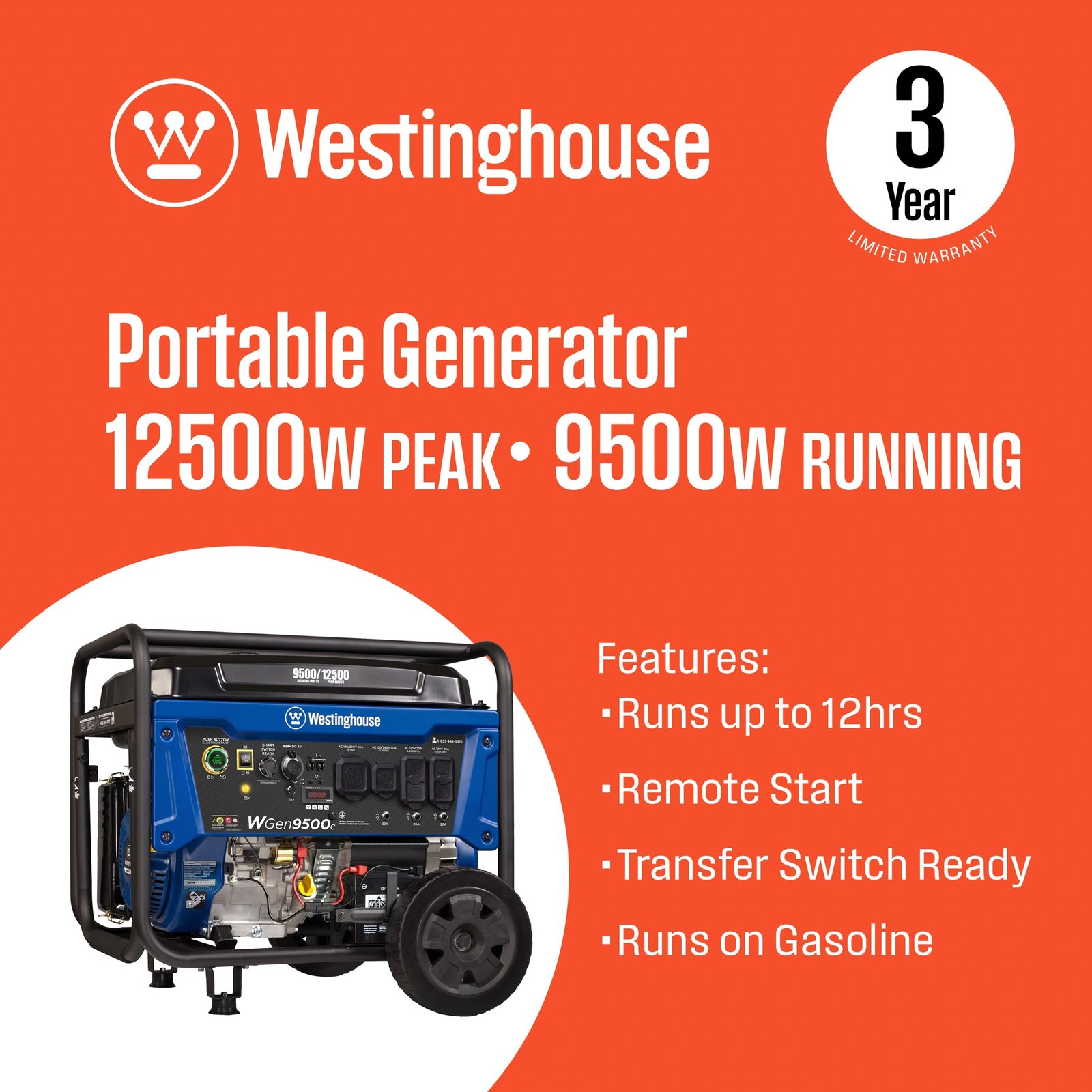Westinghouse WGen9500c Remote Electric Start 9500-Watt Single Fuel (Gasoline) Portable Generator WGEN9500C - Image 2