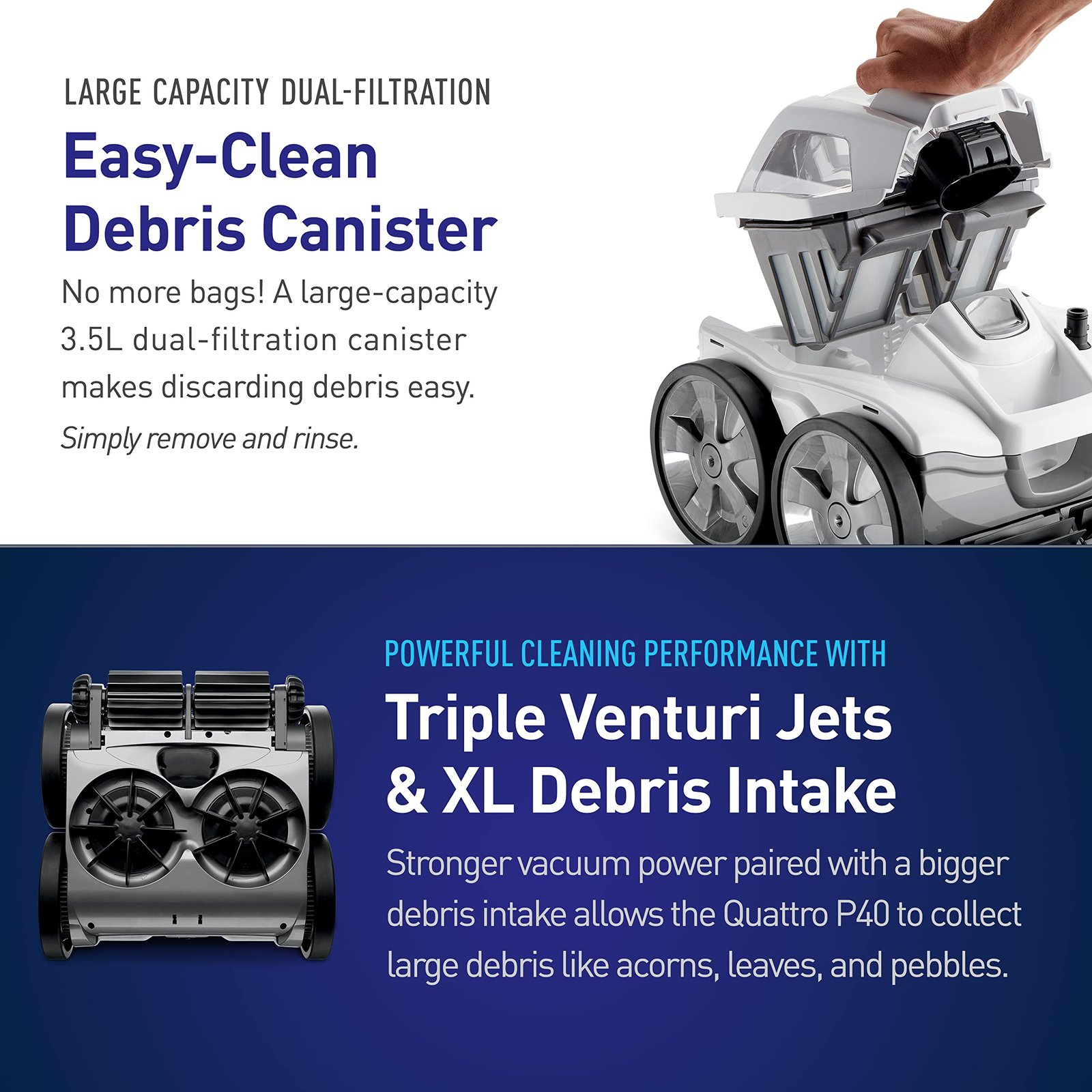 Polaris Quattro P40 Pressure Side Pool Cleaner for All In-Ground Pool Surfaces, Large-Capacity Dual Filtration Canister, 31′ Hose & Transparent Lid to View Debris - Image 3