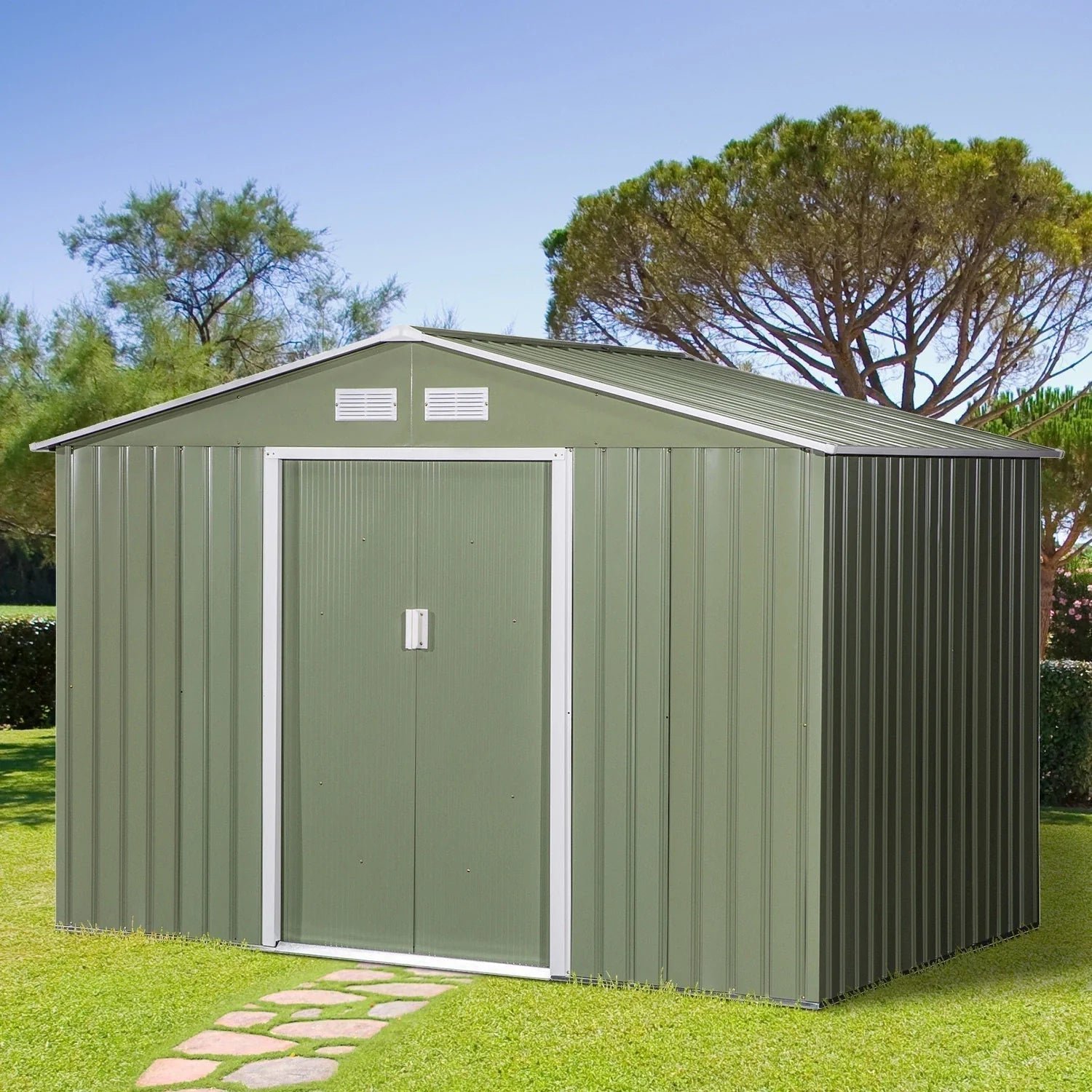 Spacious 9′ x 6′ Outdoor Storage Shed with Foundation, Sliding Doors, and Vents – Green - Image 2