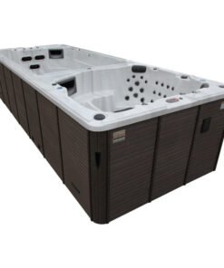 Canadian Spa Co 17 – Person 73 – Jet Acrylic Rectangular Hot Tub with Ozonator and Built-In Speaker in Sterling Silver, Walnut