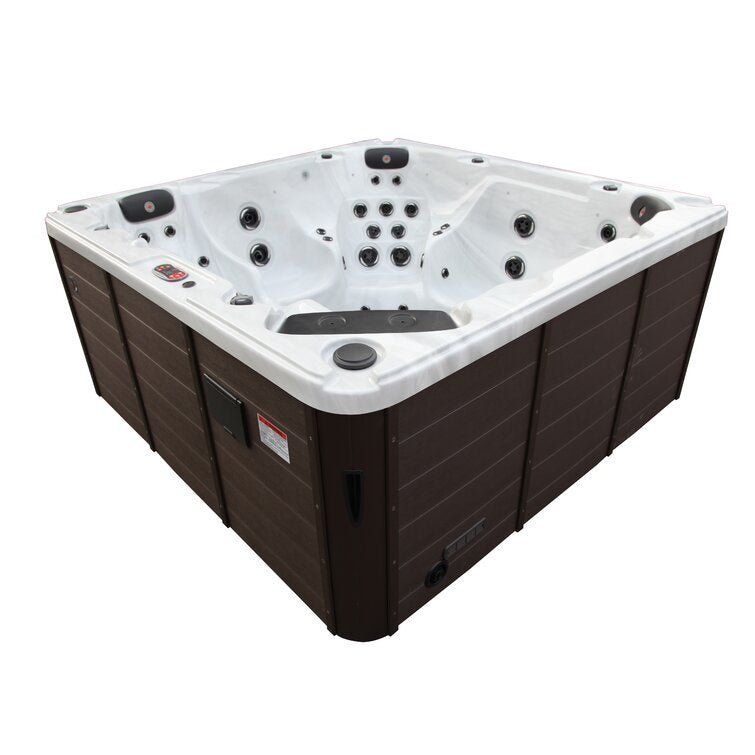 Canadian Spa Co 7 – Person 60 – Jet Acrylic Square Hot Tub with Ozonator and Built-In Speaker in Sterling Silver, Walnut
