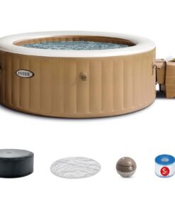 Intex: PureSpa: Sahara Tan Inflatable Hot Tub Set – 6 Person – 85″ Round Outdoor Heated Bubble Spa, Jet Massage, Cover, Hard Water Treatment System