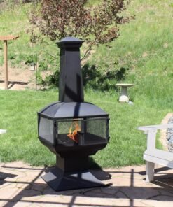 Sunnydaze 57″ 360-Degree View Steel Wood-Burning Chiminea with Grate, Poker, and Cover