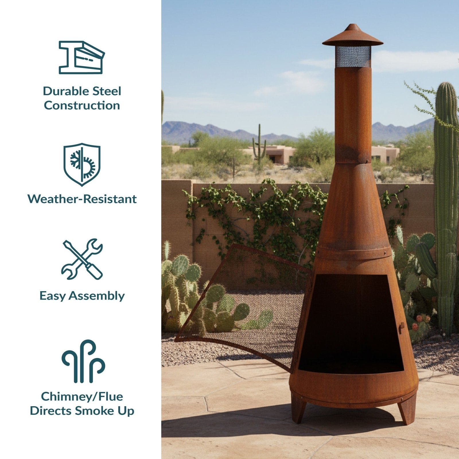 Sunnydaze 70″ Rust Patina Finish Steel Wood-Burning Chiminea with Spark Screen - Image 5