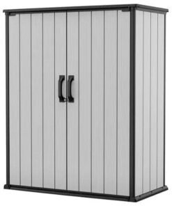 Keter Premier Tall Resin Outdoor Storage Shed with Shelving Brackets for Patio Furniture, Pool Accessories, and Bikes, Grey & Black