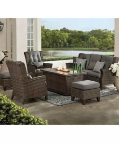 Newcastle 6-Piece Patio Deep Seating Set with Fire Pit – Smoke – Member’s Mark