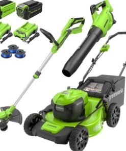Greenworks 40V 20″ Cordless Mower, 500 CFM Blower, 12″ Trimmer, 2 Batteries (5Ah + 2Ah) & Chargers